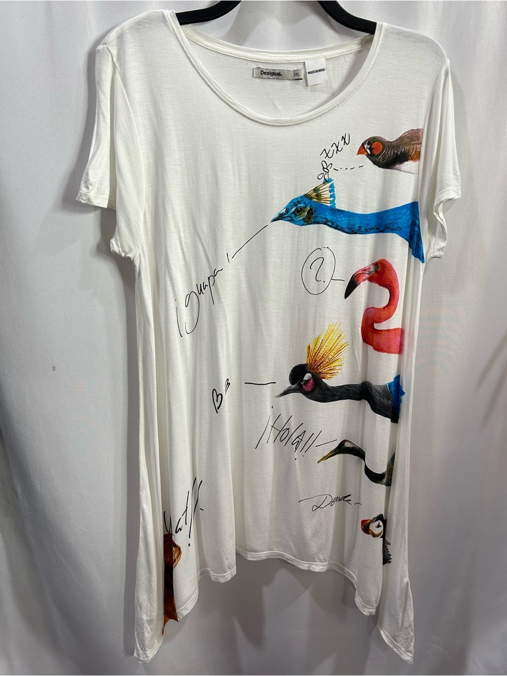 Desigual White Tunic with Multicolor Bird Motif